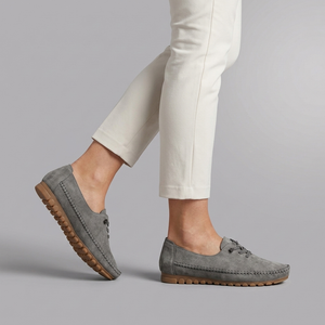 Boat Shoes For Women | Comfort Lace-Up Suede Loafer Soft Grey worn side view sole