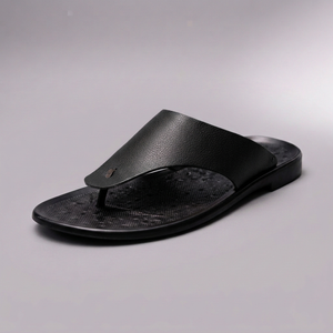 Sandals For Men | Leather Orthopaedic Thong Strap Black three-quarter front view