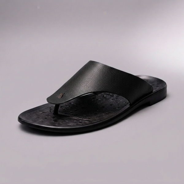Sandals For Men | Leather Orthopaedic Thong Strap Black three-quarter front view
