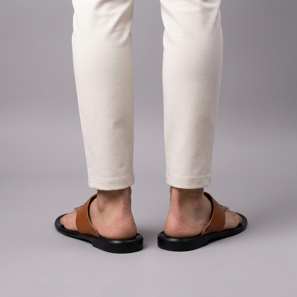Sandals For Men | Leather Orthopaedic Thong Strap Brown worn back view