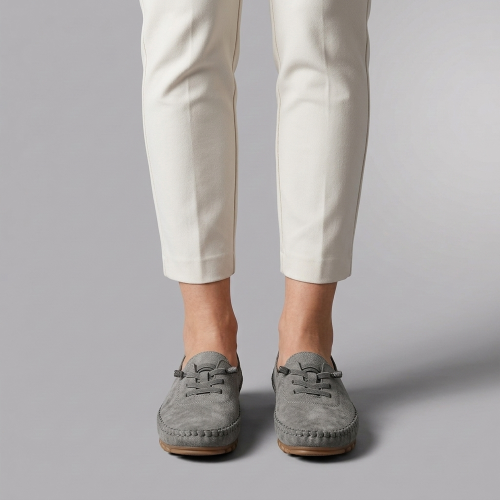 Boat Shoes For Women | Comfort Lace-Up Suede Loafer Soft Grey three-quarter front view