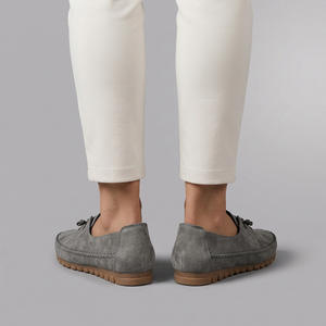 Boat Shoes For Women | Comfort Lace-Up Suede Loafer Soft Grey worn back view