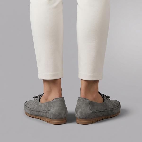 Boat Shoes For Women | Comfort Lace-Up Suede Loafer Soft Grey worn back view
