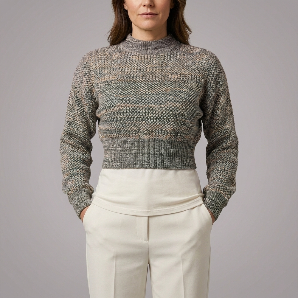 Women's Sweater | Cropped Mock Neck Long Sleeve Green front view