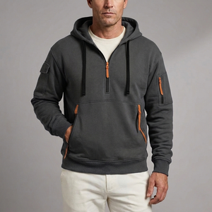 Men's Hoodie | Quarter-Zip Utility Pockets Long Sleeve Dark Grey front view