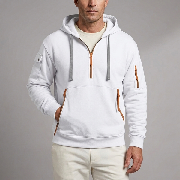 Men's Hoodie | Quarter-Zip Utility Pockets Long Sleeve White front view