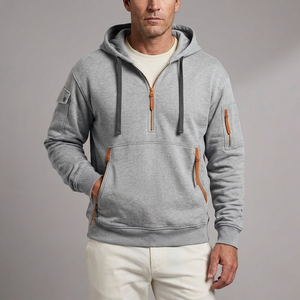 Men's Hoodie | Quarter-Zip Utility Pockets Long Sleeve Light Grey front view