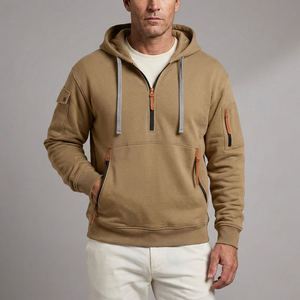 Men's Hoodie | Quarter-Zip Utility Pockets Long Sleeve Khaki front view