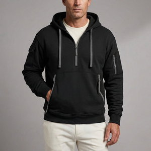 Men's Hoodie | Quarter-Zip Utility Pockets Long Sleeve Black front view