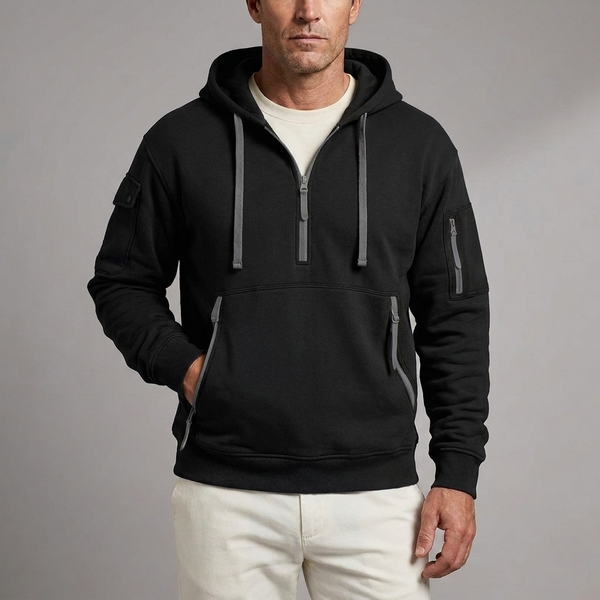 Men's Hoodie | Quarter-Zip Utility Pockets Long Sleeve Black front view