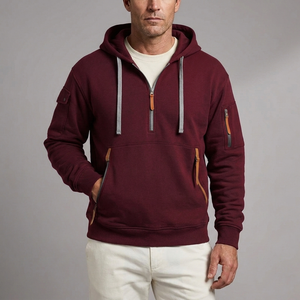 Men's Hoodie | Quarter-Zip Utility Pockets Long Sleeve Red front view