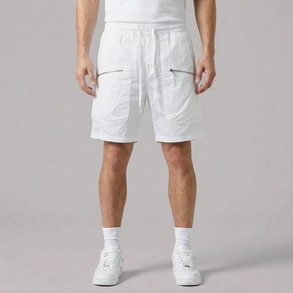 Men's Cargo Shorts | Zip Pockets Drawstring Waist White front view