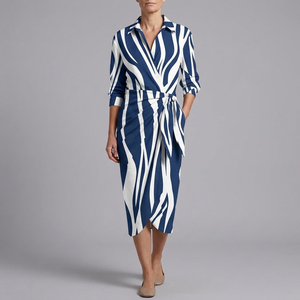 Women's Slip Dress | Midi Wrap Long Sleeve Blue & White front view