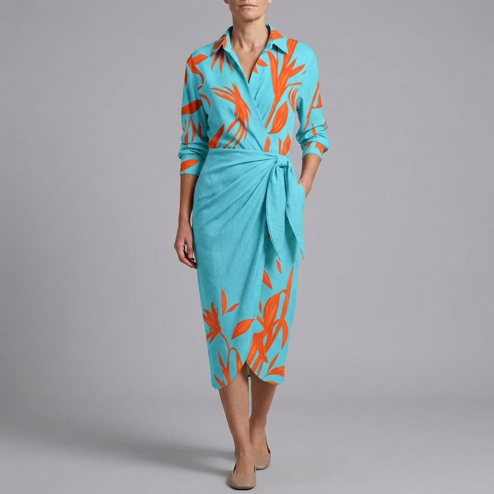 Women's Slip Dress | Midi Wrap Long Sleeve Blue front view