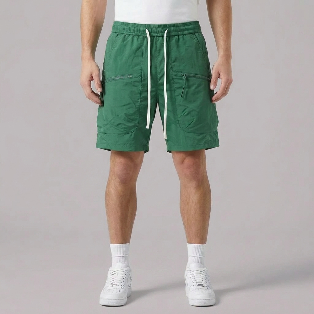 Men's Cargo Shorts | Zip Pockets Drawstring Waist Black front view