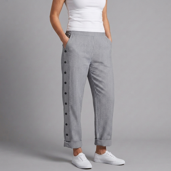 Women's Trousers | Cropped Button Detail Striped Grey front view