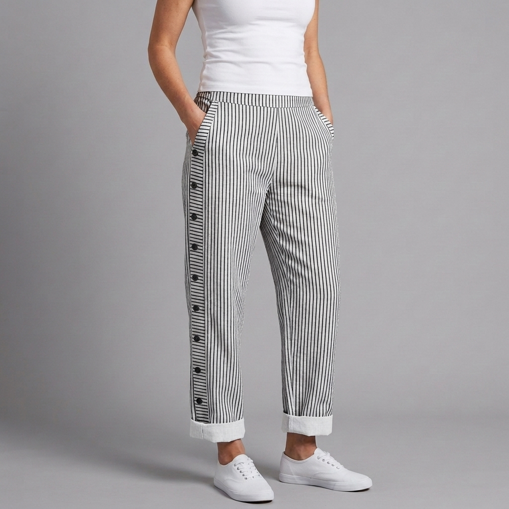 Women's Trousers | Cropped Button Detail Striped Blue front view