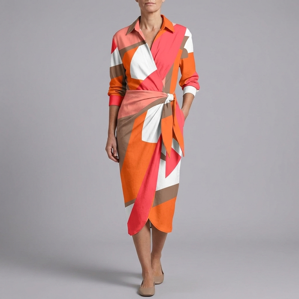 Women's Slip Dress | Midi Wrap Long Sleeve Multicolour front view