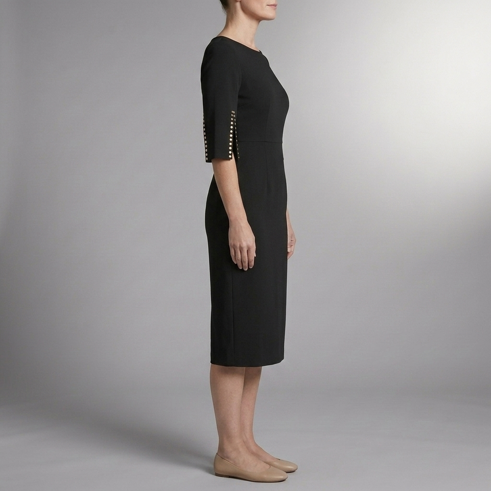 Women's Midi Dress | Split Sleeve Pearl Detail Black front view