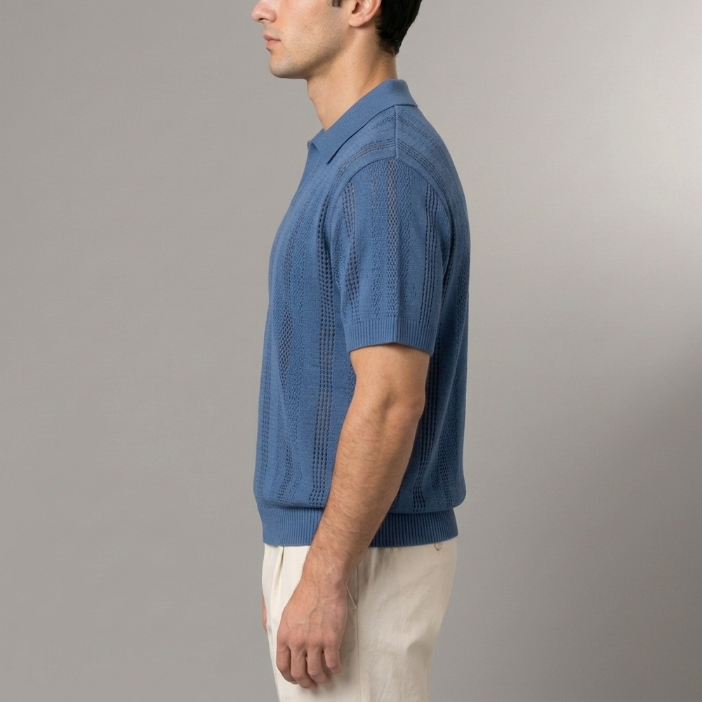 Men's Polo Shirt | Textured Knit Short Sleeve Blue front view