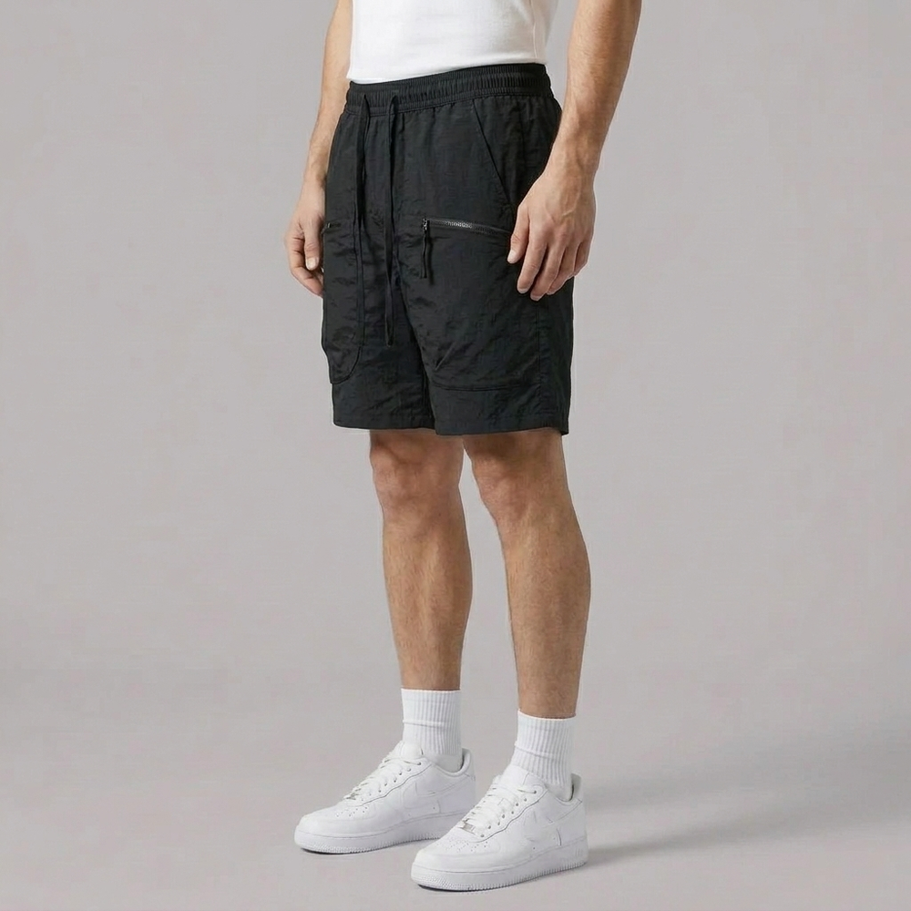 Men's Cargo Shorts | Zip Pockets Drawstring Waist Black front view