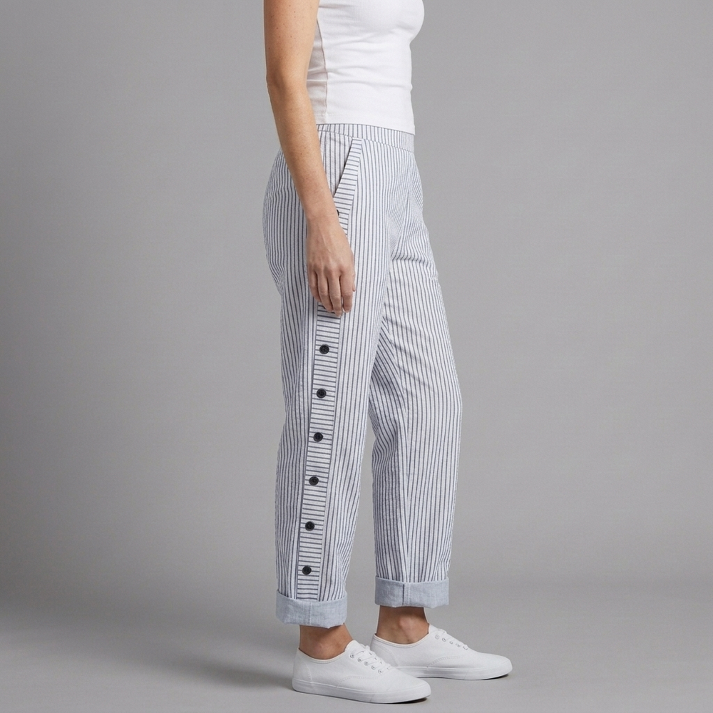 Women's Trousers | Cropped Button Detail Striped Blue front view