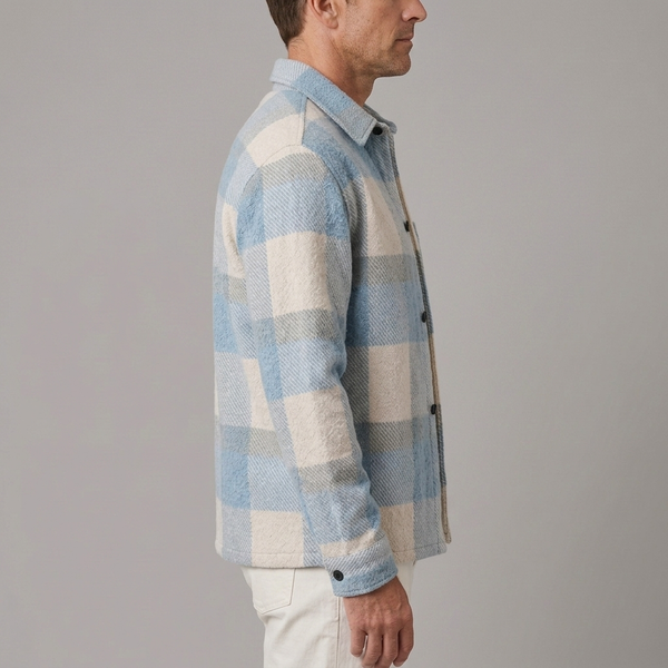 Men's Button Shirt | Plaid Overshirt Soft Warm Blue side view