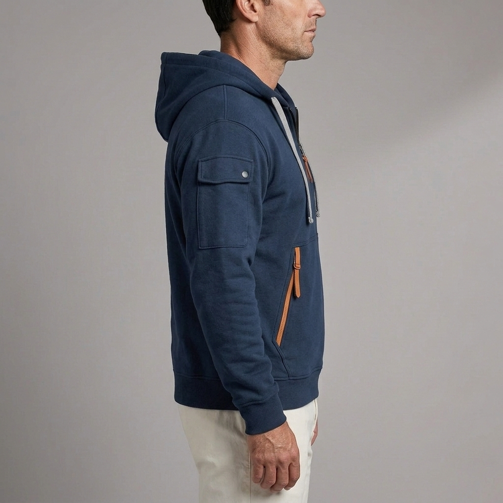 Men's Hoodie | Quarter-Zip Utility Pockets Long Sleeve Dark Blue front view