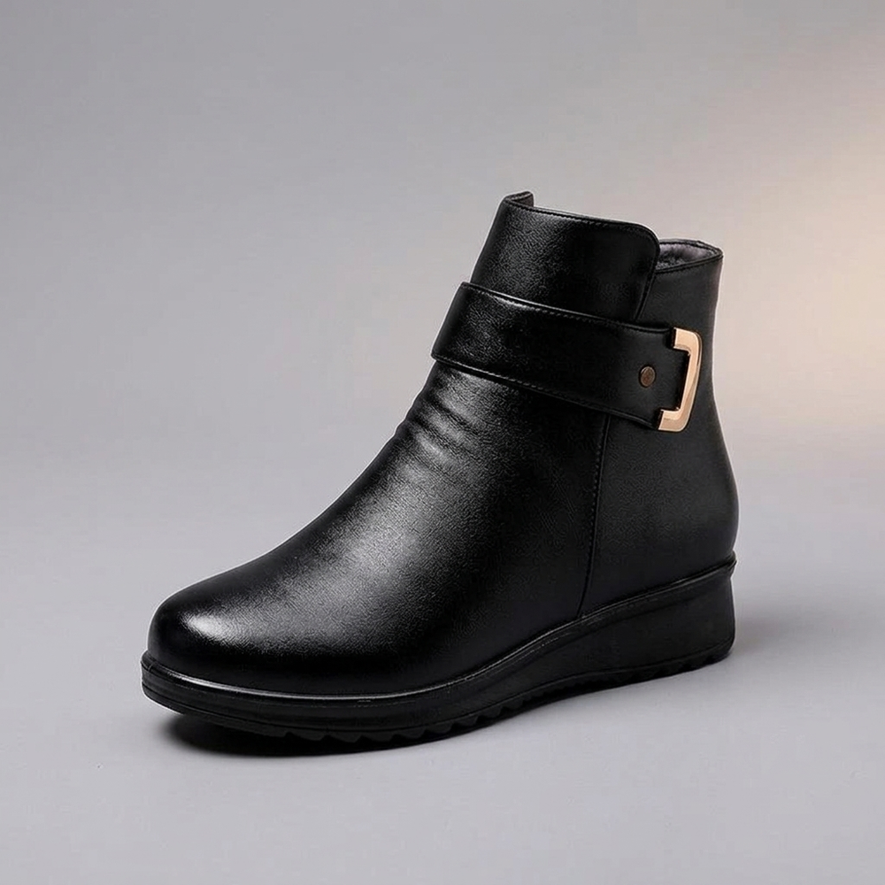 Black Boots For Women | Buckle Ankle Leather Black three-quarter front view