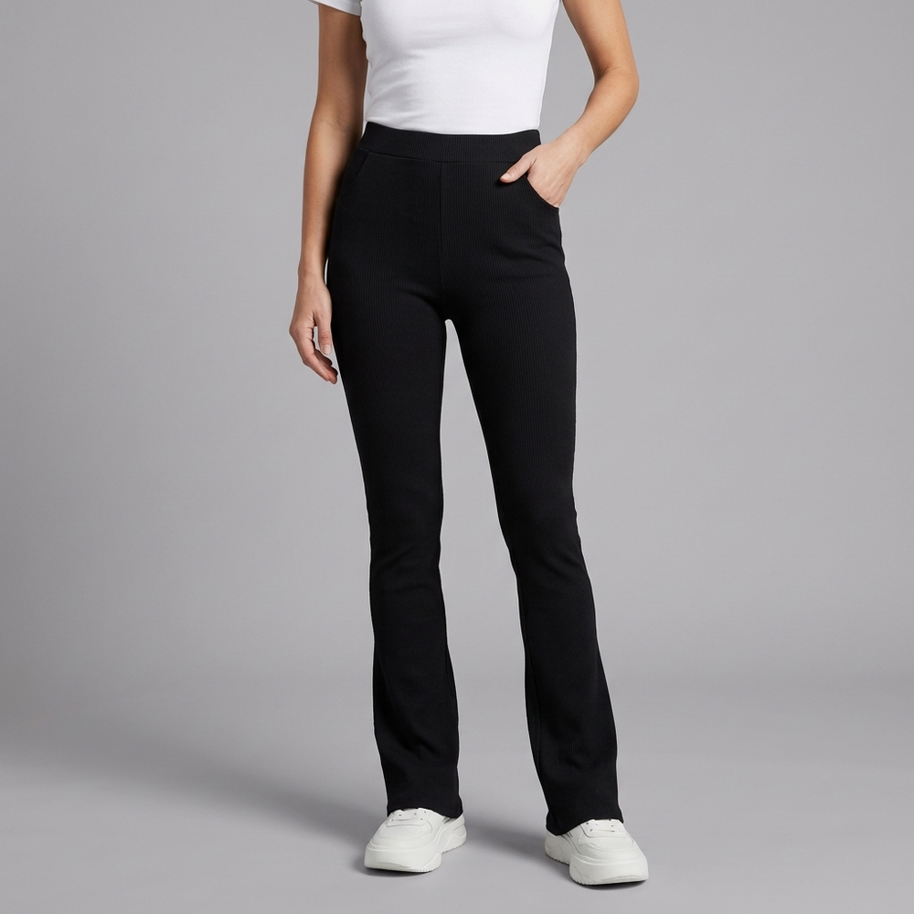 Women's Pants | High Waist Flared Ribbed Knit Black front view
