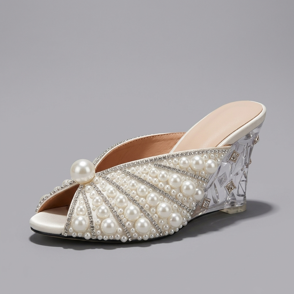 White Shoes For Women | Pearl Embellished Wedge Heel Slip On three-quarter front view