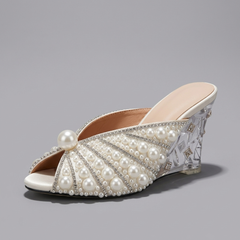 White Shoes For Women | Pearl Embellished Wedge Heel Slip On three-quarter front view