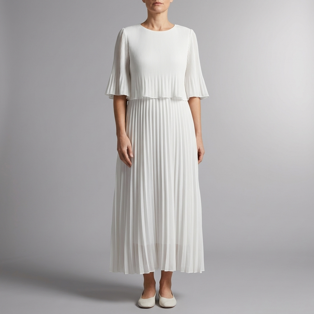 Women's A Line Dress | Maxi Pleated Wedding Guest White White front view