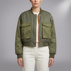 Women's Bomber Jacket | Green Utility Pockets Zip Sleeve Green front view