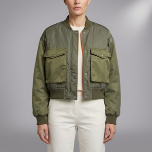 Women's Bomber Jacket | Green Utility Pockets Zip Sleeve Green front view