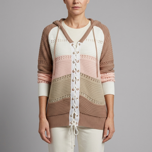 Women's Sweater | Lace-Up Hooded Striped Knit Olive front view