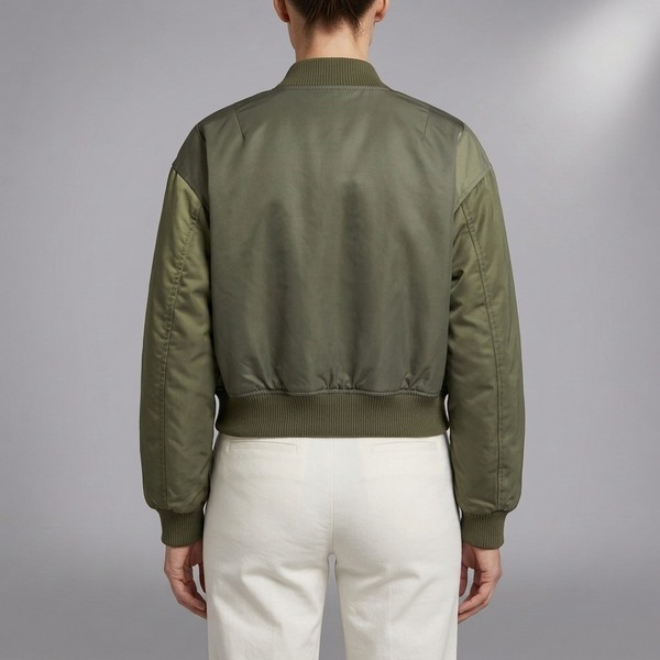 Women's Bomber Jacket | Green Utility Pockets Zip Sleeve Green back view