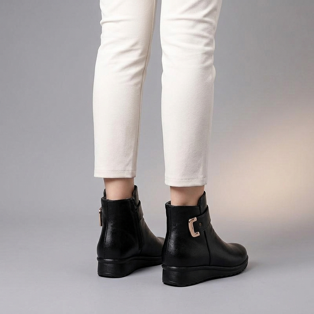 Black Boots For Women | Buckle Ankle Leather Black three-quarter front view