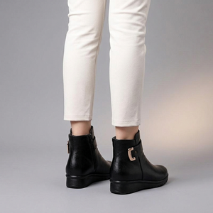 Black Boots For Women | Buckle Ankle Leather Black worn back view
