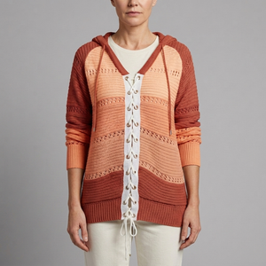 Women's Sweater | Lace-Up Hooded Striped Knit Orange front view