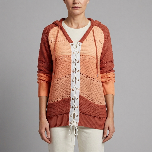 Women's Sweater | Lace-Up Hooded Striped Knit Orange front view
