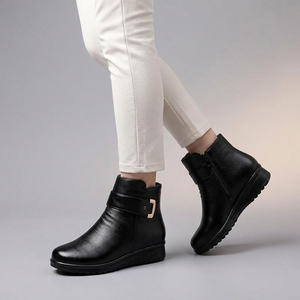 Black Boots For Women | Buckle Ankle Leather Black worn side view sole