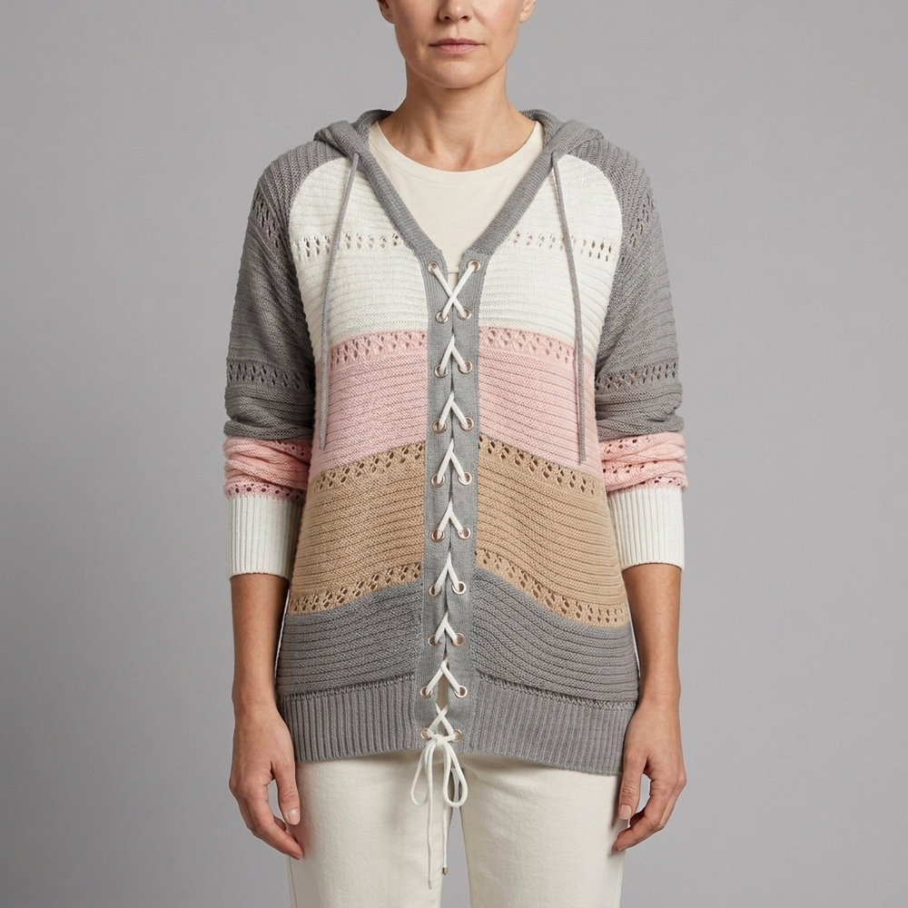 Women's Sweater | Lace-Up Hooded Striped Knit Olive front view