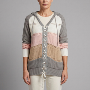 Women's Sweater | Lace-Up Hooded Striped Knit Grey front view