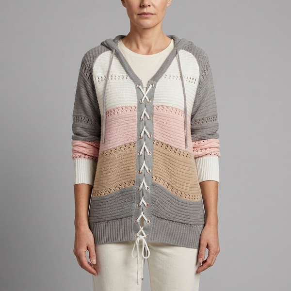 Women's Sweater | Lace-Up Hooded Striped Knit Grey front view