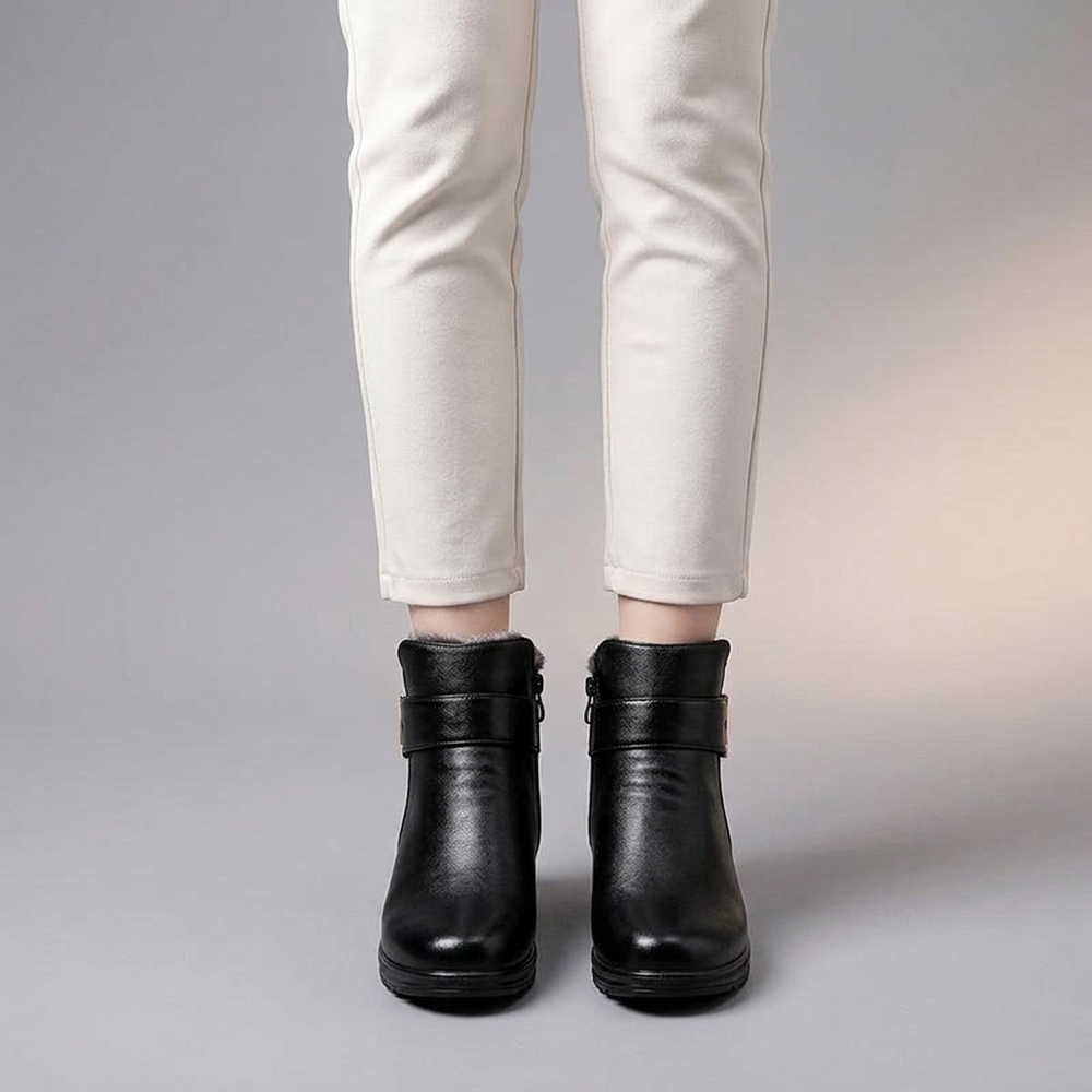 Black Boots For Women | Buckle Ankle Leather Black three-quarter front view