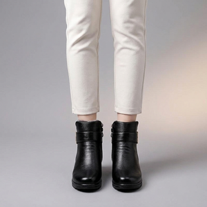 Black Boots For Women | Buckle Ankle Leather Black worn front view