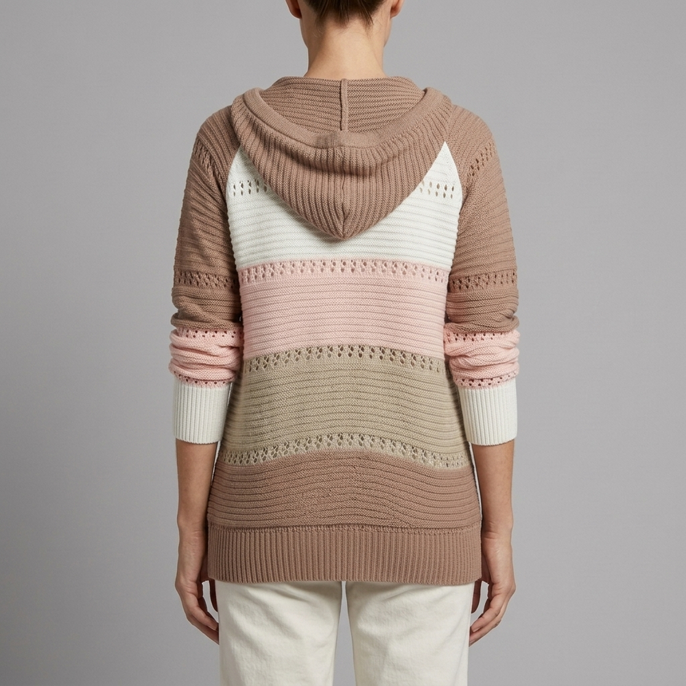 Women's Sweater | Lace-Up Hooded Striped Knit Olive front view
