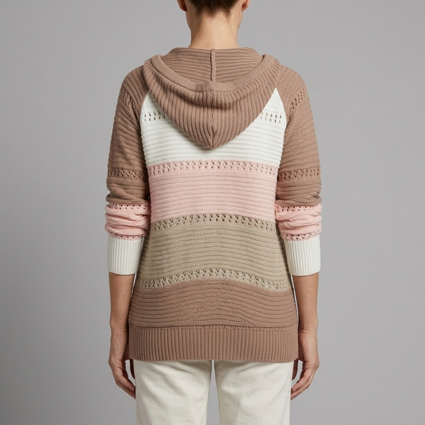 Women's Sweater | Lace-Up Hooded Striped Knit Olive back view