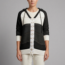 Women's Sweater | Lace-Up Hooded Striped Knit Black front view